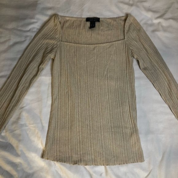 Straight Neckline Ribbed Cozy Cream Long Sleeve Shirt - Picture 8 of 8